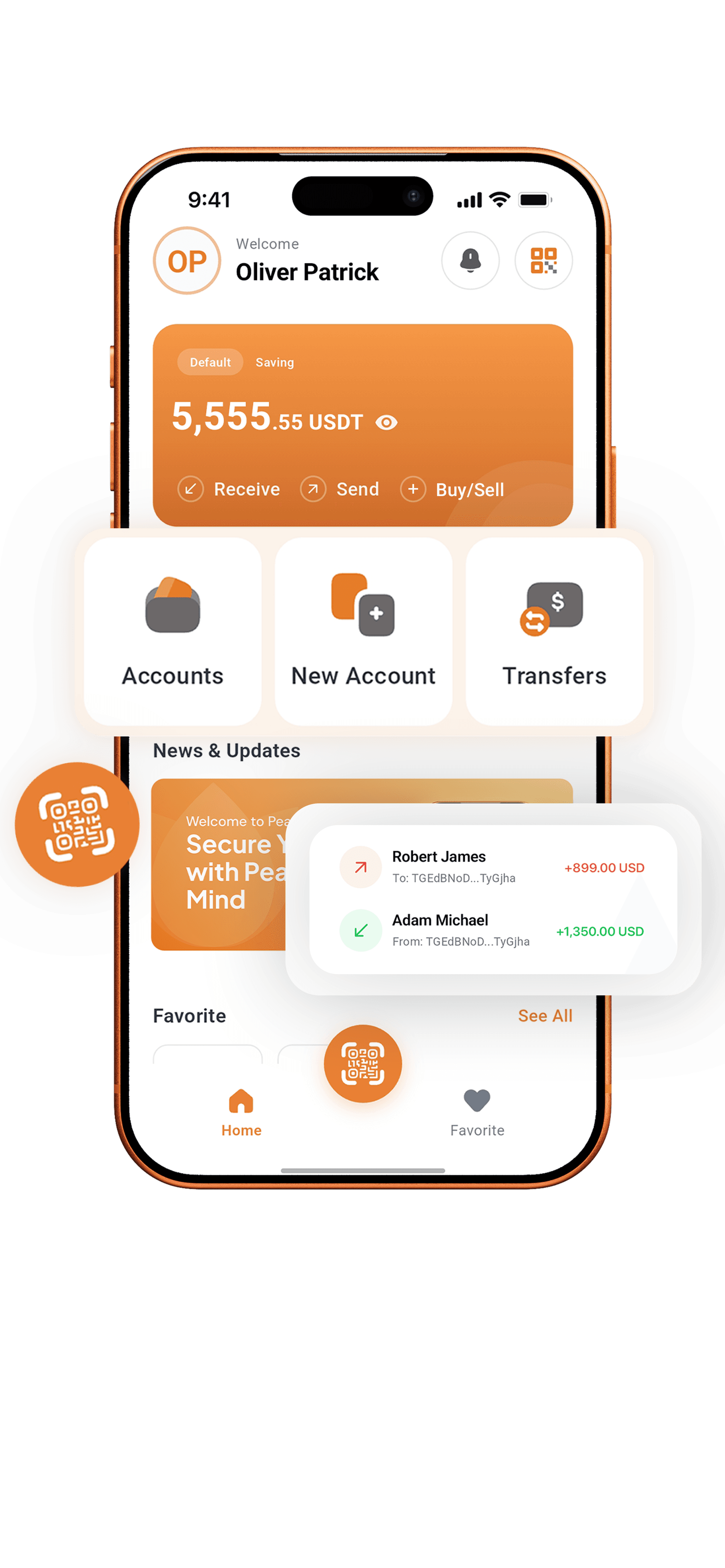 Peace Wallet home screen showing balance, quick actions, and recent transactions